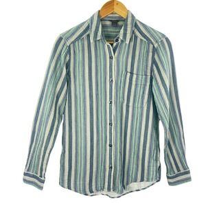 Eddie Bauer Womens Small Green Blue Striped Crinkle Gauze Long Sleeve Shirt